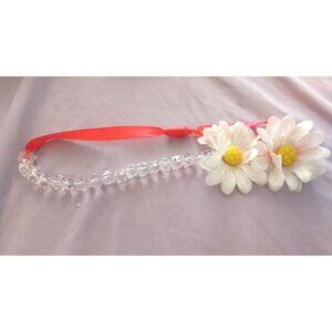 Daisy Flower Headband With Clear Beads & Pink Ribbon